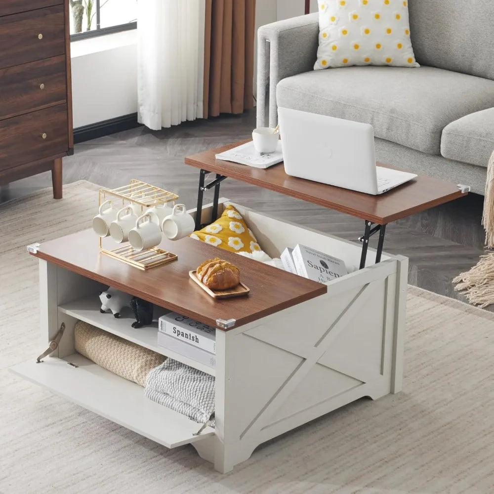 White Wood Coffee Table with Lift Top & Storage, Farmhouse Style